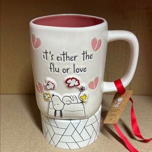 Rae Dunn White and Pink Mug with Heart and Snoopy Design